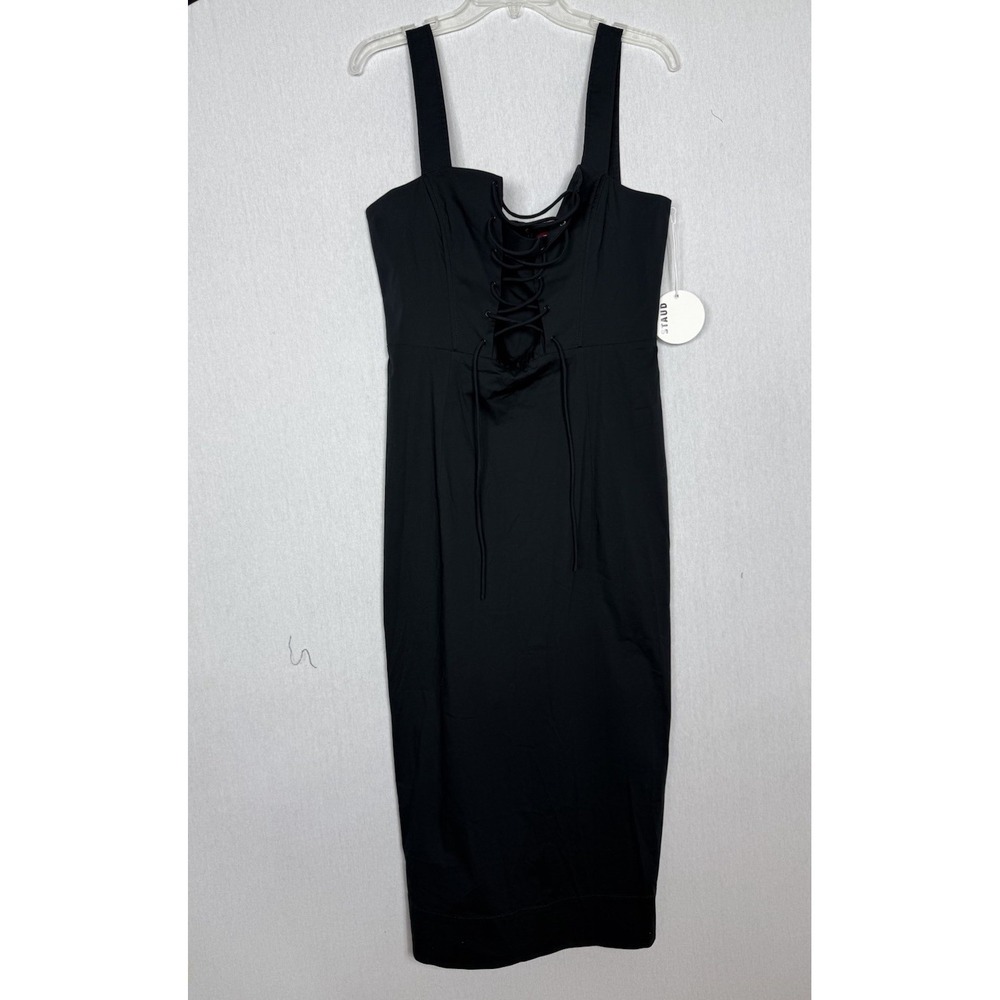 STAUD Sutton Lace Up Black‎ Midi Dress Size 10 New - Picture 3 of 14